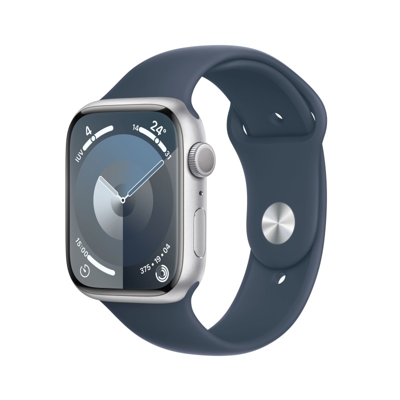 Apple Watch Series 9 GPS 45mm Aluminium Silber Sportarmband Sturmblau - S/M