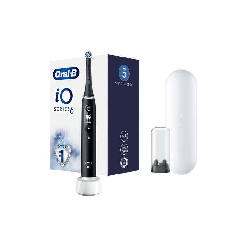 Oral-B iO 6N Elektrische Zahnbürste, schwarz, Bluetooth, 2 Bürsten, 1 Reiseetui