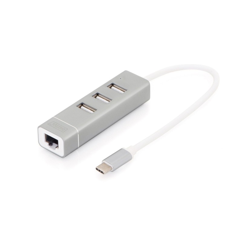 DIGITUS USB2.0 3-Port HUB & Fast Ethernet LAN-Adapter con Typ-C Anschluss