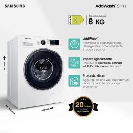 Samsung WW8NK62E0RW ET lavatrice slim a caricamento frontale Addwash™ 8 kg Classe C 1200 giri min, Porta nera old + panel nero