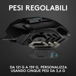 Logitech G Logitech G502 Mouse Gaming HERO Prestazioni Elevate, Sensore HERO 25K, 25600 DPI, RGB, Pesi Regolabili, 11 Pulsanti
