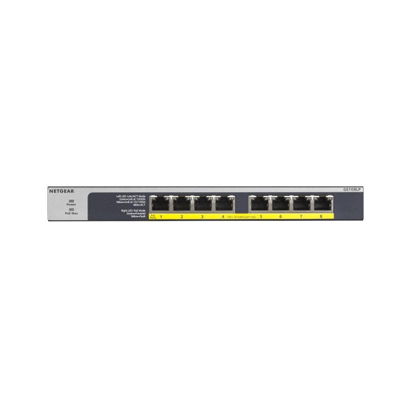 NETGEAR GS108LP Unmanaged Gigabit Ethernet (10/100/1000) Power over Ethernet (PoE) 1U Black, Gray