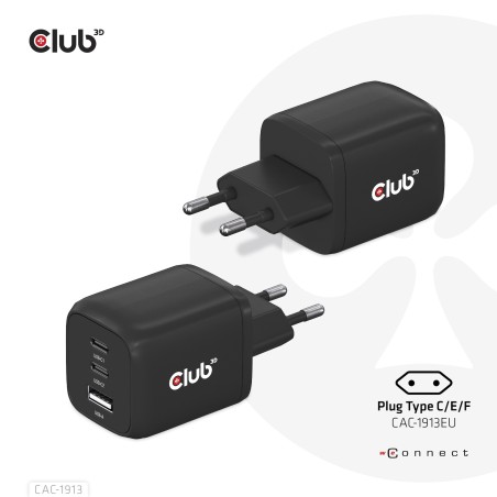 CLUB3D Travel Charger PPS 65Watt GAN technology, Triple port (2x USB Type-C + USB Type-A) Power Delivery(PD) 3.0 Support