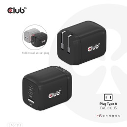 CLUB3D Travel Charger PPS 65Watt GAN technology, Triple port (2x USB Type-C + USB Type-A) Power Delivery(PD) 3.0 Support