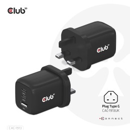 CLUB3D Travel Charger PPS 65Watt GAN technology, Triple port (2x USB Type-C + USB Type-A) Power Delivery(PD) 3.0 Support