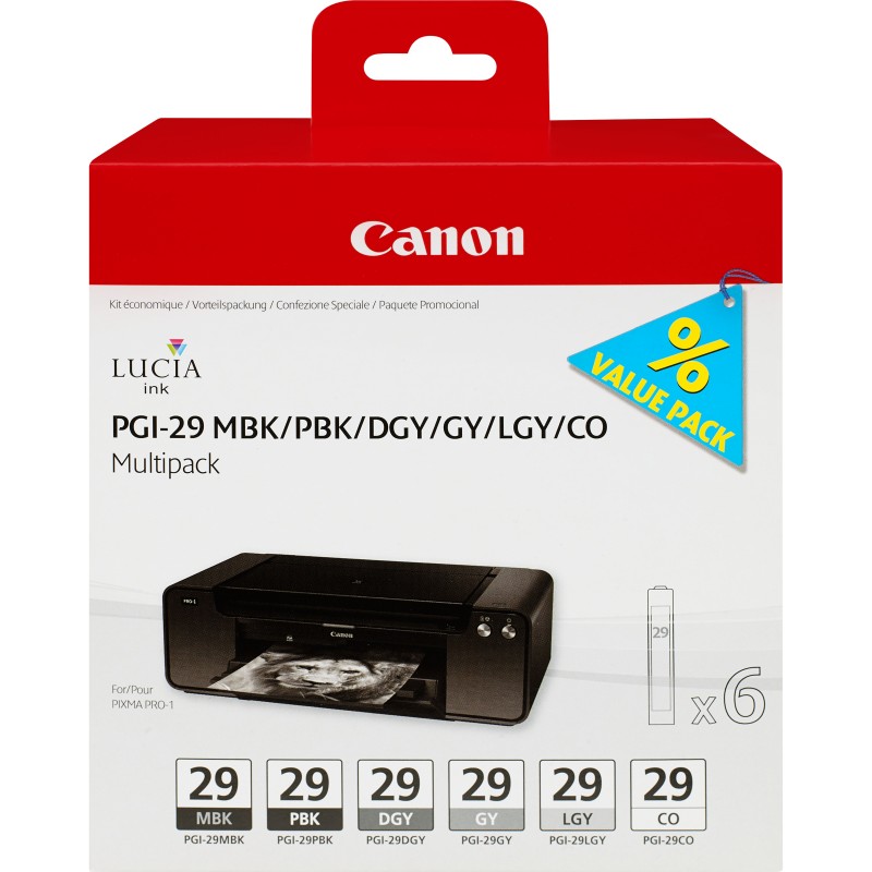 Canon 6 Cartucce d'inchiostro Multipack PGI-29 MBK PBK DGY GY LGY CO