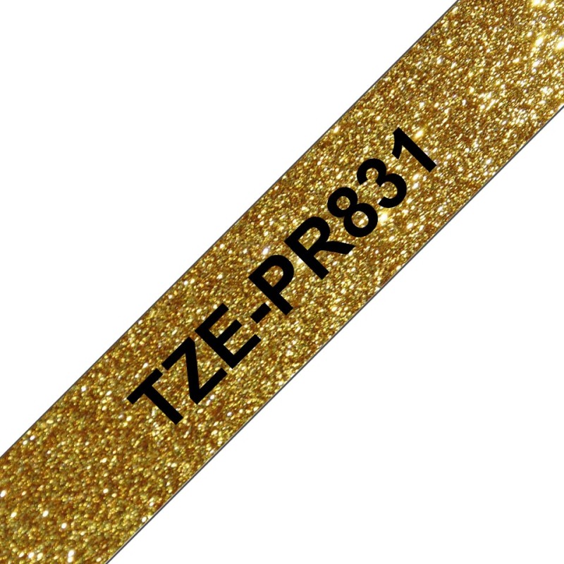 TZe-PR831 - Schwarzer Druck auf Premium Glitter Gold - Rolle (1,2 cm x 8 m)