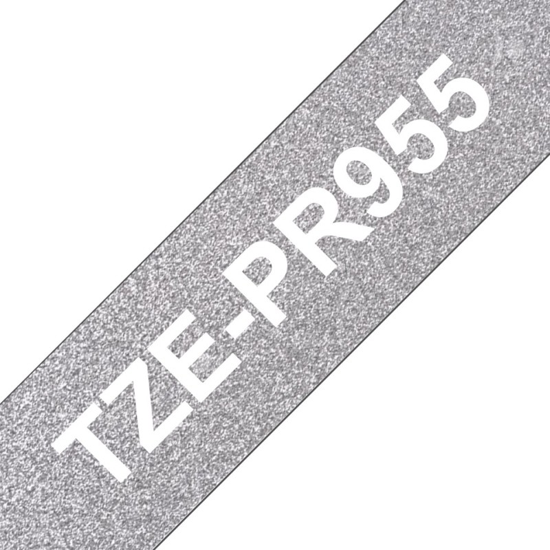 TZe-PR955 - Weiser Druck auf Premium Glitter Silver - Rolle (2,4 cm x 8 m)