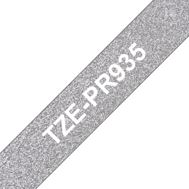 TZe-PR935 - Weiser Druck auf Premium Glitter Silver - Rolle (1,2 cm x 8 m)