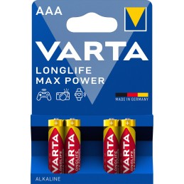 Varta Longlife Max Power, Batteria Alcalina, AAA, Micro, LR03, 1.5V, Blister da 4, Made in Germany