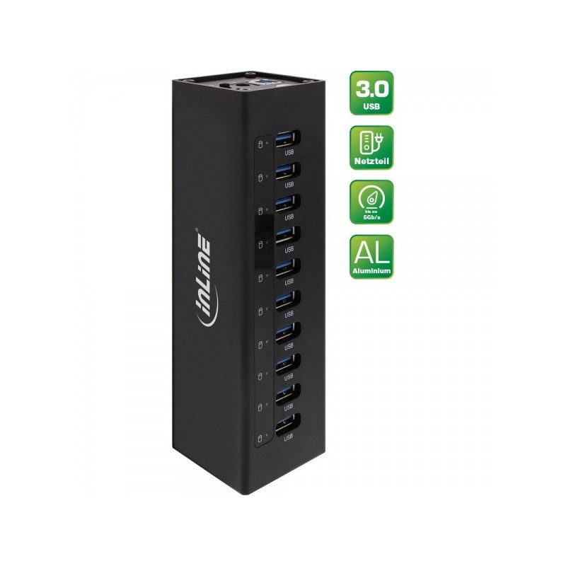 USB 3.0 Hub - 10 Port - Aluminiumgehause - schwarz - mit 4A Netzteil