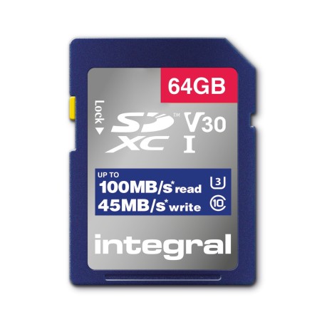 Integral INSDX64G-100V30 64GB SD CARD SDXC UHS-1 U3 CL10 V30 UP TO 100MBS READ 45MBS WRITE UHS-I