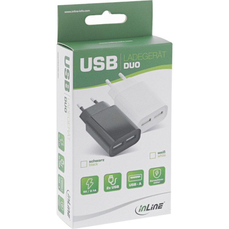 InLine Alimentatore USB 100-240VAC, Out  2x USB 5V 2100mA, bianco