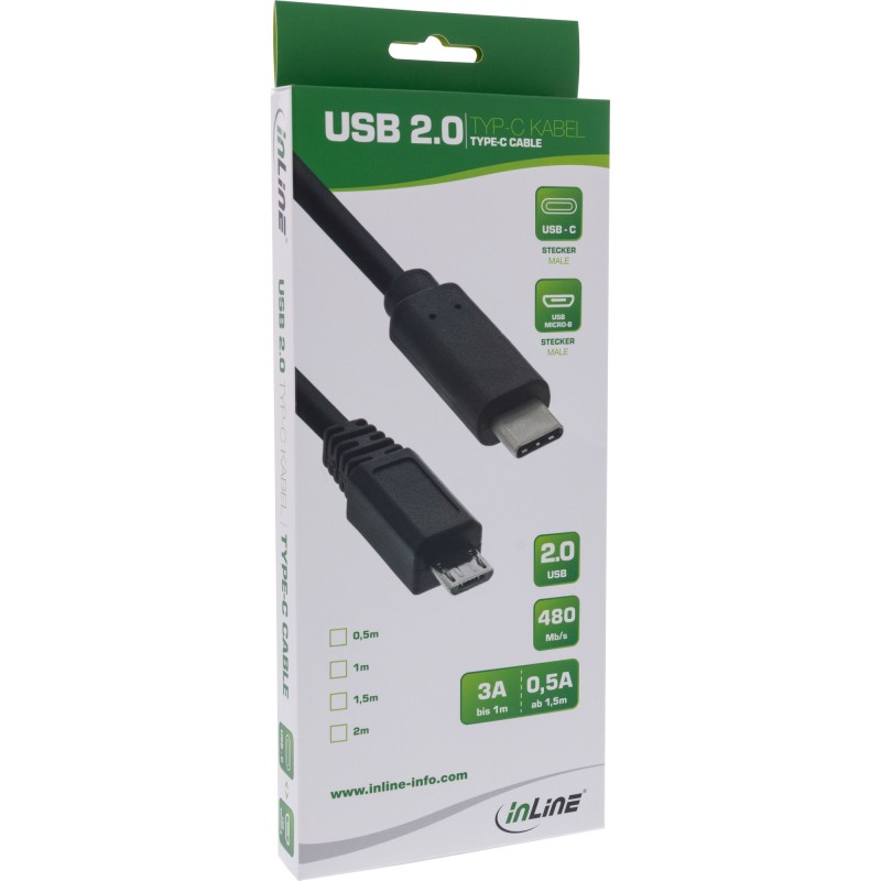 InLine Cavo USB 2.0 Micro, Cm  Micro B M, 3A@1m, 0,5A@2m, nero, 2m