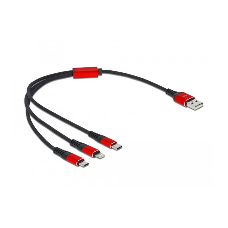 DeLOCK Cavo di ricarica USB 3 in 1 Tipo-A a Lightning   2 x USB Type-C da 30 cm nero   rosso