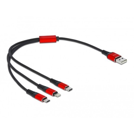 DeLOCK Cavo di ricarica USB 3 in 1 Tipo-A a Lightning   2 x USB Type-C da 30 cm nero   rosso