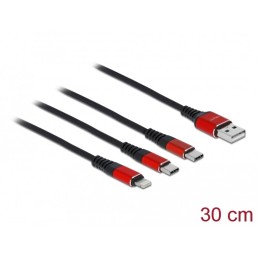 DeLOCK Cavo di ricarica USB 3 in 1 Tipo-A a Lightning   2 x USB Type-C da 30 cm nero   rosso