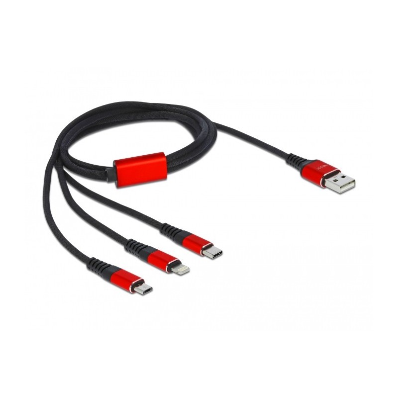 DeLOCK Cavo di ricarica USB 3 in 1 Tipo-A a Lightning   2 x USB Type-C da 1 m nero   rosso