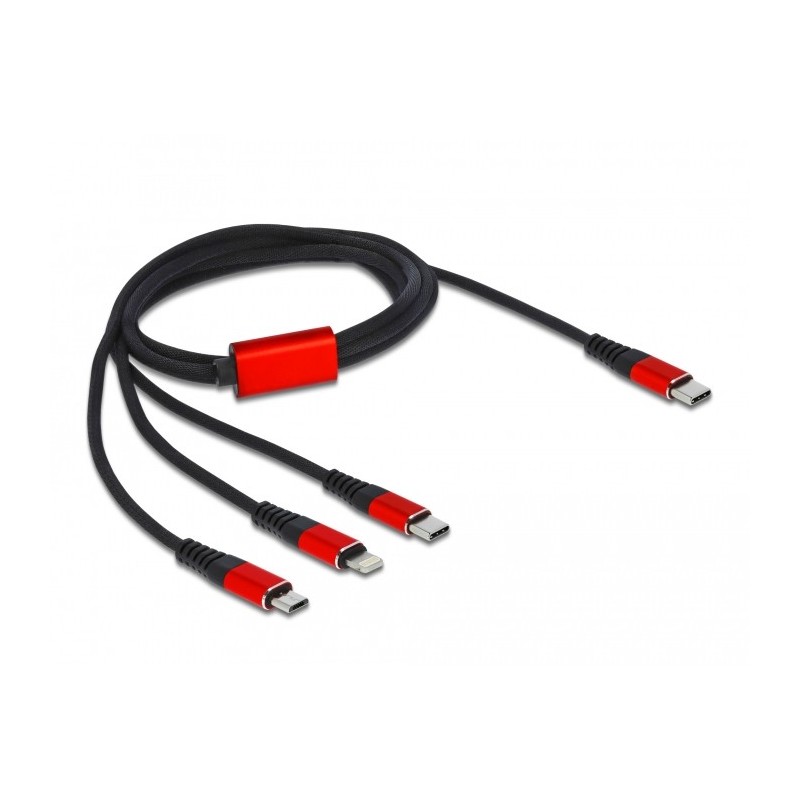 DeLOCK Cavo di ricarica USB 3 in 1 USB Type-C a Lightning   Micro USB   USB Type-C da 1 m nero   rosso