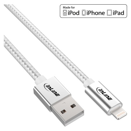 InLine Cavo USB Lightning per iPad, iPhone, iPod, argento, tessuto, 2m