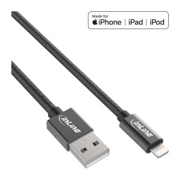 InLine Cavo USB Lightning per iPad, iPhone, iPod, nero, tessuto, 2m