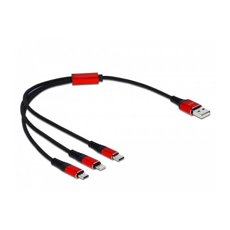 DeLOCK Cavo di ricarica USB 3 in 1 Tipo-A a Lightning   Micro USB   USB Type-C da 30 cm nero   rosso