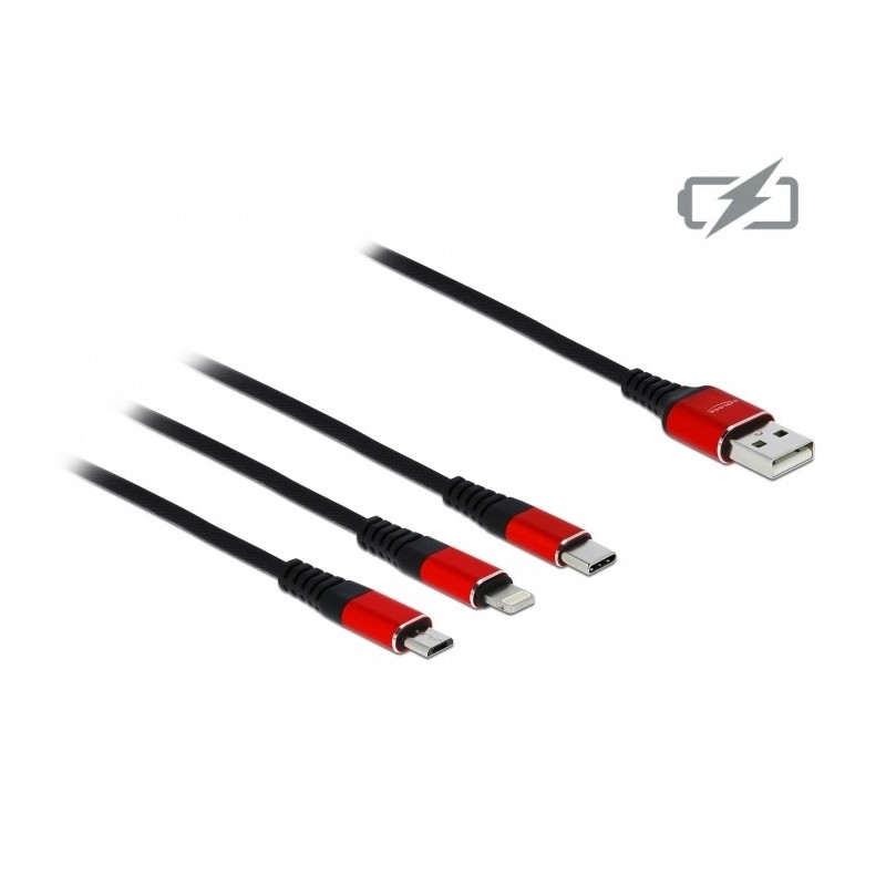 DeLOCK Cavo di ricarica USB 3 in 1 Tipo-A a Lightning   Micro USB   USB Type-C da 1 m nero   rosso