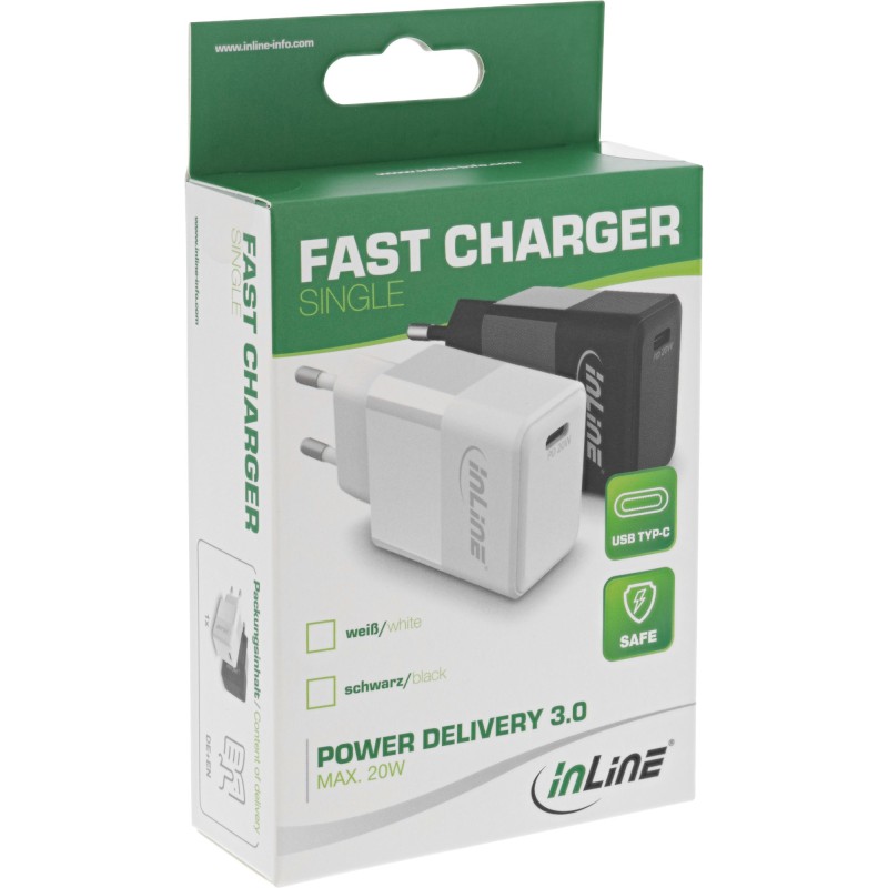 InLine Caricabatterie USB PD USB-C singolo USB, alimentazione, 20W, bianco