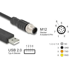 DeLOCK Cavo di connessione seriale M12 con chipset FTDI, da USB 2.0 Tipo-A maschio per M12 RS-232 maschio A-codificato a 8 pin