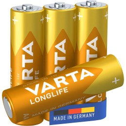 Varta Longlife, Batteria Alcalina, AA, Mignon LR6, 1.5V, Blister da 4, Made in Germany