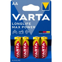 Varta Longlife Max Power, Batteria Alcalina, AA, Mignon, LR6, 1.5V, Blister da 4, Made in Germany