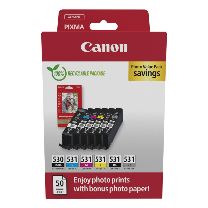 Canon PGI-530 CLI-531 PVP cartuccia d'inchiostro 6 pz Originale Nero, Ciano, Grigio, Magenta, Nero per foto, Giallo Canon PGI-530 CLI-531 PVP cartuccia d'inchiostro 6 pz Originale Nero, Ciano, Grigio, Magenta, Nero per foto, Giallo