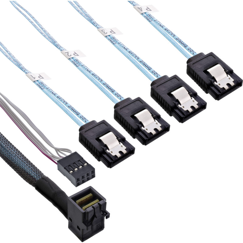 InLine Cavo Mini SAS, SFF-8643 a 4x SATA + Sideband, 1m, connettore 90° InLine Cavo Mini SAS, SFF-8643 a 4x SATA + Sideband, 1m, connettore 90°