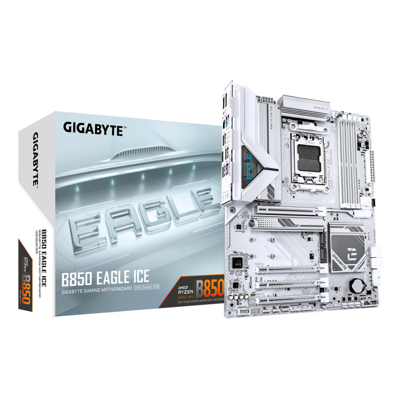 GIGABYTE B850 EAGLE ICE Scheda Madre – CPU AMD Ryzen serie 9000, VRM digitale a 8+2+2 fasi, fino a 8200 MHz DDR5 (O.C), 1 x M.2 GIGABYTE B850 EAGLE ICE Scheda Madre – CPU AMD Ryzen serie 9000, VRM digitale a 8+2+2 fasi, fino a 8200 MHz DDR5 (O.C), 1 x M.2
