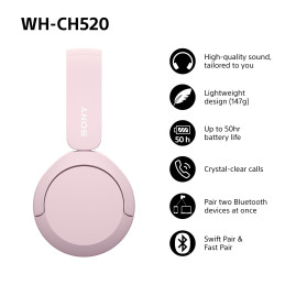 Sony WHCH520P.CE7 auricular y casco Auriculares Inalámbrico Diadema Llamadas Música USB Tipo C Bluetooth Rosa