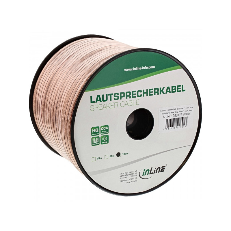 InLine Lautsprecherkabel, 2x 2,5mm², CCA, transparent, 100m