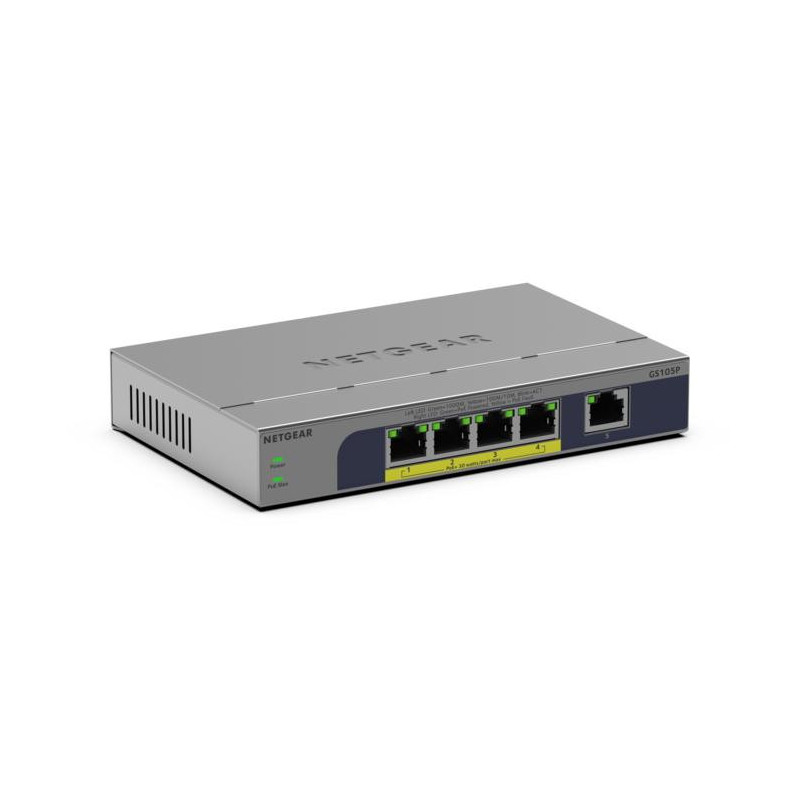 NETGEAR GS105P Non gestito Gigabit Ethernet (10 100 1000) Supporto Power over Ethernet (PoE) Montaggio da desktop parete Grigio NETGEAR GS105P Non gestito Gigabit Ethernet (10 100 1000) Supporto Power over Ethernet (PoE) Montaggio da desktop parete Grigio