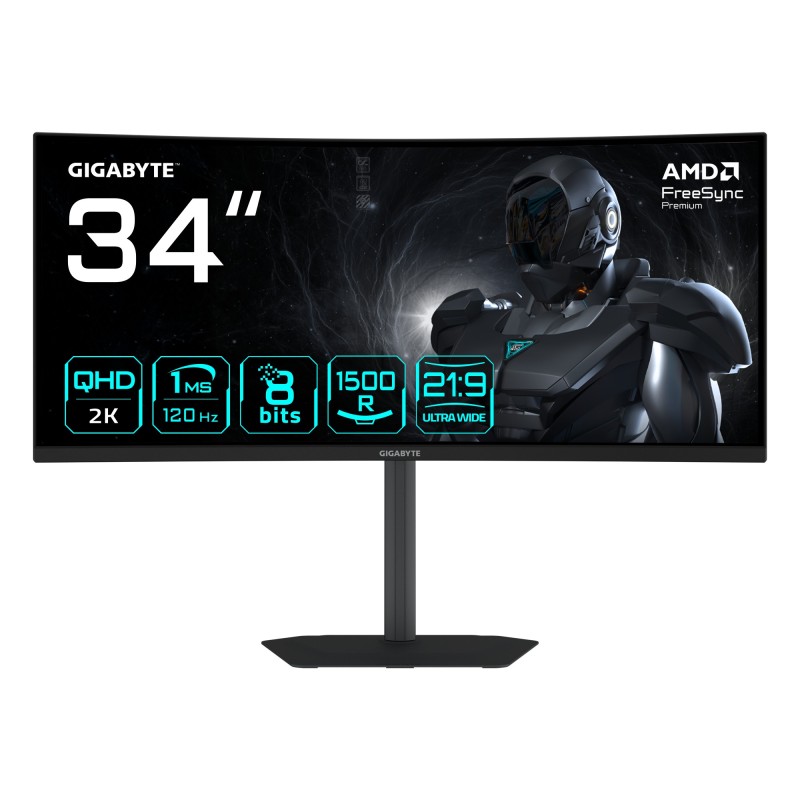 GIGABYTE GS34WQCA Monitor Gaming Curvo 34" WQHD – 3440 x 1440, 1500R, 120Hz, 1ms, 300 cd m², FreeSync Premium, HDR Ready, HDMI
