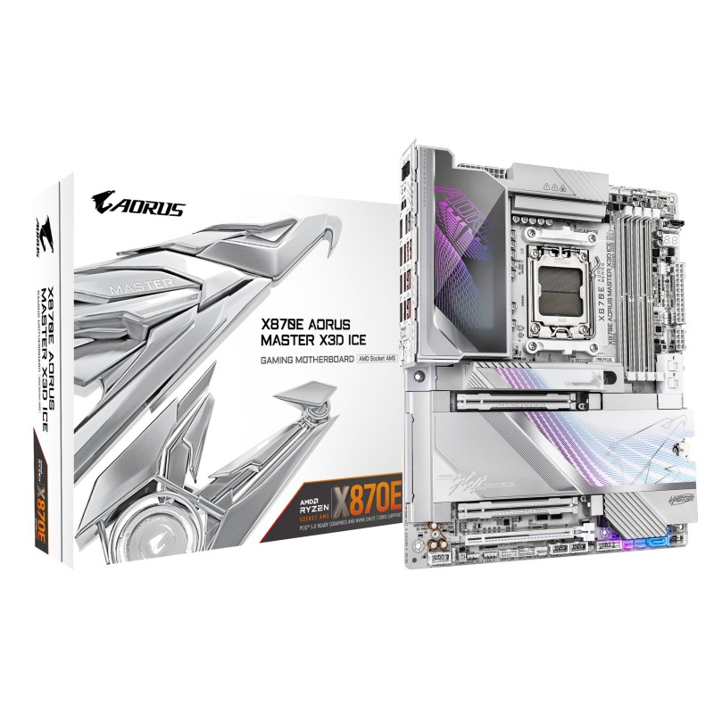 GIGABYTE X870E AORUS MASTER X3D ICE Placa Base – Compatible con procesadores AMD Ryzen 9000, VRM digital de 18+2+2 fases, hasta GIGABYTE X870E AORUS MASTER X3D ICE Placa Base – Compatible con procesadores AMD Ryzen 9000, VRM digital de 18+2+2 fases, hasta