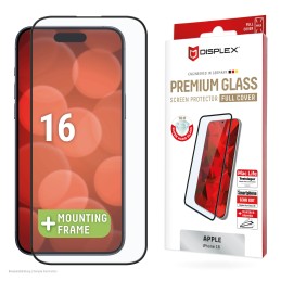 Displex Premium Panzerglas (Full Cover, 10H) für Apple iPhone 16, Eco-Montagerahmen, Full Cover