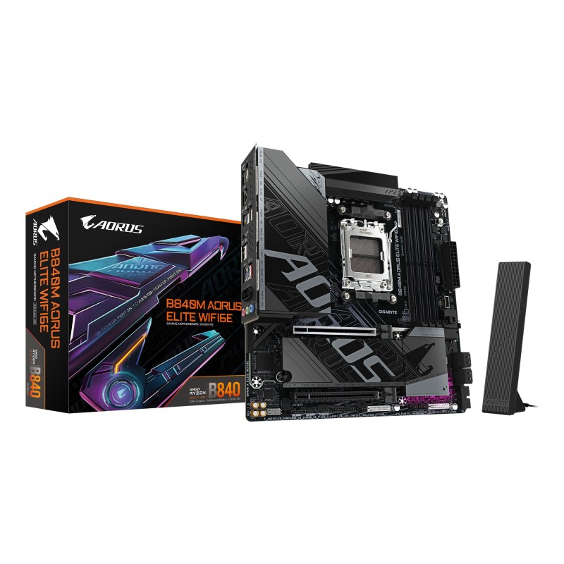 GIGABYTE B840M AORUS ELITE WIFI6E Scheda Madre – CPU AMD Ryzen 9000, VRM a 10+2+2 fasi, fino a 8200 MHz DDR5 (O.C.), 2 x M.2