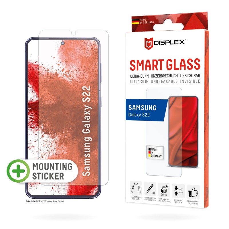 Displex Smart Glass (9H) für Samsung Galaxy S22, Montagesticker, unzerbrechlich, ultra-dünn, unsichtbar