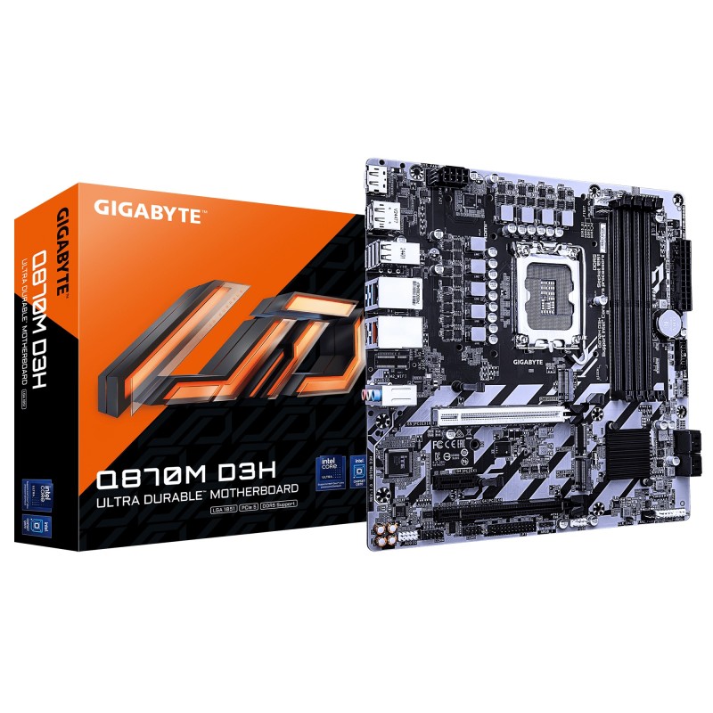 GIGABYTE Q870M D3H Carte Mère – Processeurs Intel Core Ultra (Série 2), VRM 4+1+2 phases, jusqu’à 6400 MHz DDR5 (O.C), 2× M.2