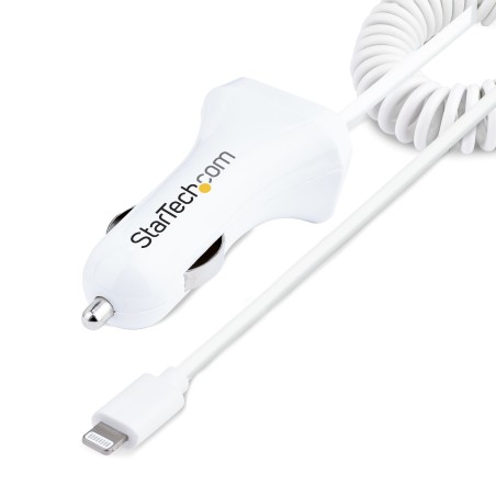 StarTech.com Cargador de Coche con Cable Rizado Lightning, Cable de 1m Rizado Lightning 12W Blanco, Cable Adaptador Cargador de