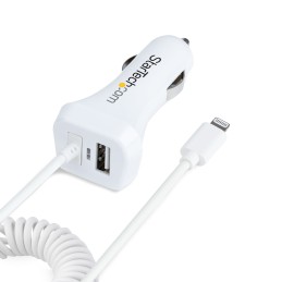 StarTech.com Chargeur Voiture Lightning avec Câble Spiralé - Chargeur Iphone 1m - Double Chargeur USB pour Telephones et