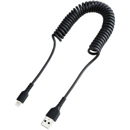StarTech.com Cable de 1m USB a Lightning con Certificación MFi, Cable Rizado de Carga para iPhone, Negro, con Recubrimiento de