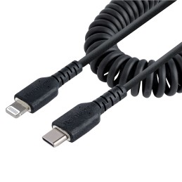 StarTech.com Cable de 1m USB-C a Lightning MFi, Cable USB Tipo C Rizado de Carga Negro para iPhone, con Recubrimiento de TPE,