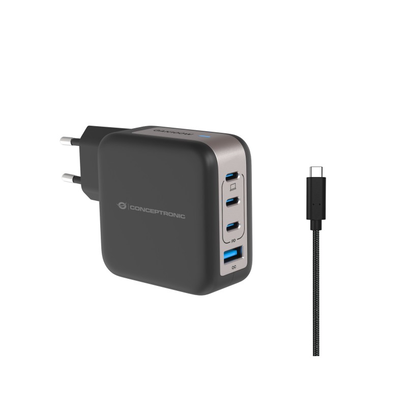 Conceptronic 4-Port 100W GaN USB-PD-Ladegerät mit USB-C-Ladekabel, USB-C x 3, USB-A x 1, QC 3.0, PPS