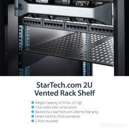 StarTech.com 2 HE Fest montierter Fachboden für Server Rack  Schrank bis 22 Kg - 55 cm Tief - belüftet