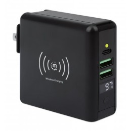 Manhattan 4-in-1 Reiseladegerät und Powerbank 8.000 mAh, Ein kabelloses 5 W-Induktionsladepad, zwei 12 W USB-A-Ports, ein